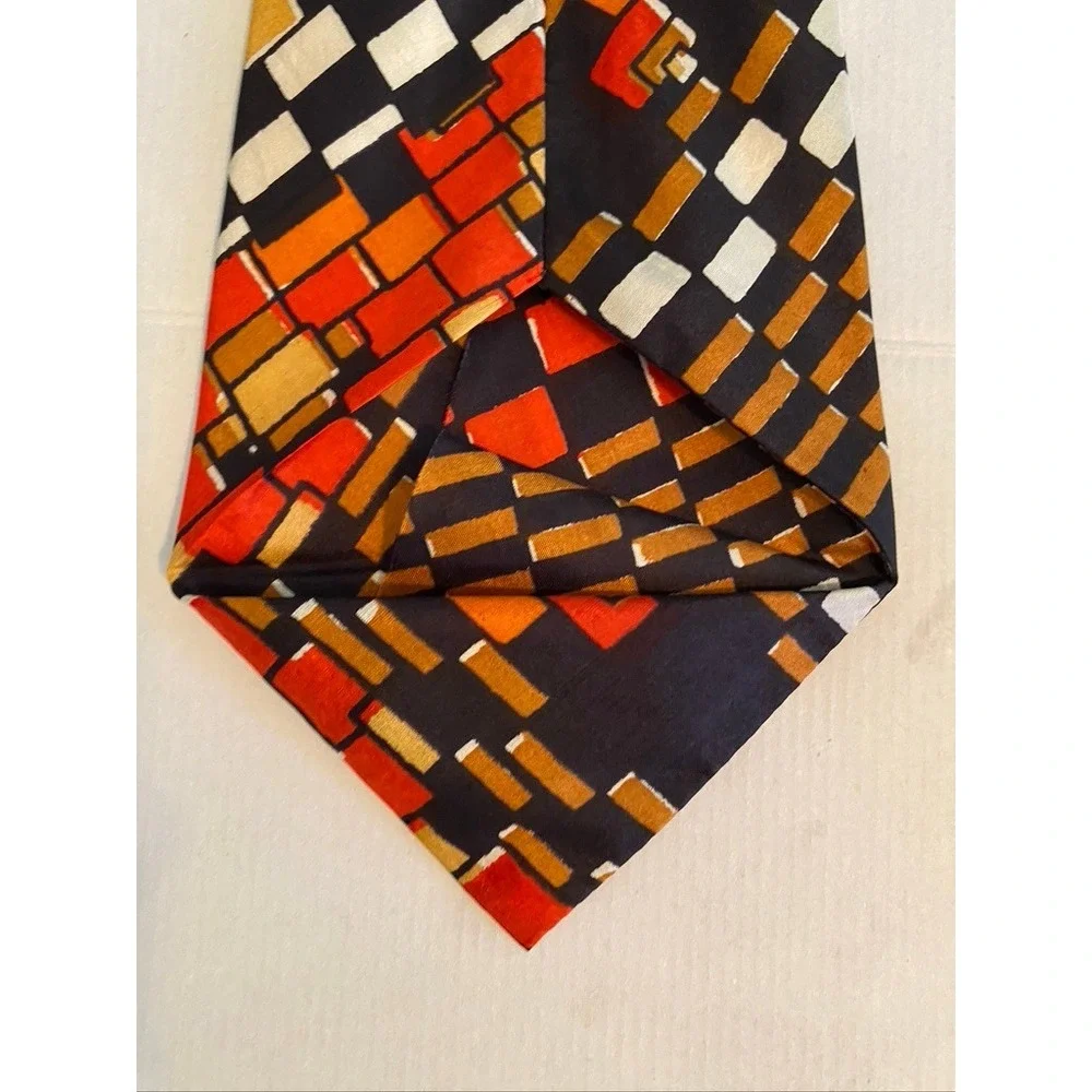 Handloom Pure Silk Tie Mens Geometric Block Pattern Red Orange Black India Made